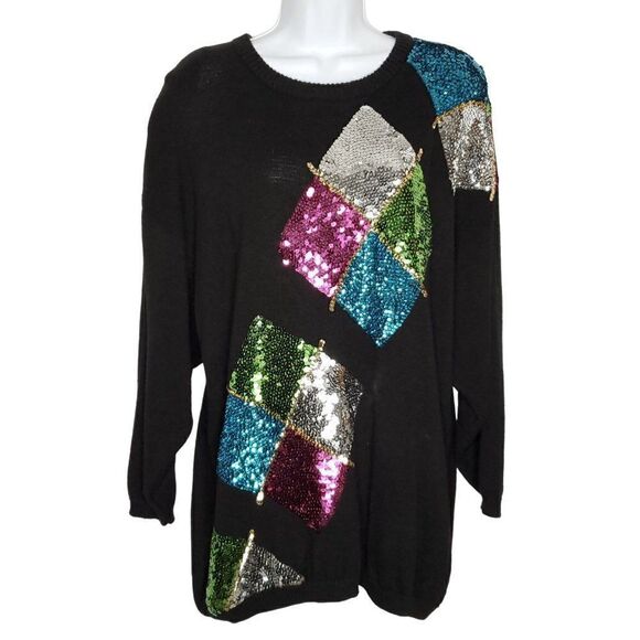 Vtg Argyle Geometric Beaded Sequin Party Sweater 2X Black Silver Pink Green Blue - Picture 1 of 6